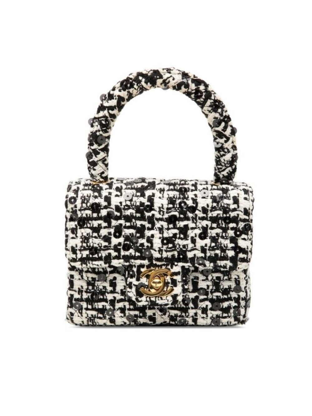 Chanel CC Logo Mini Handbag Black White Tweed Sequin